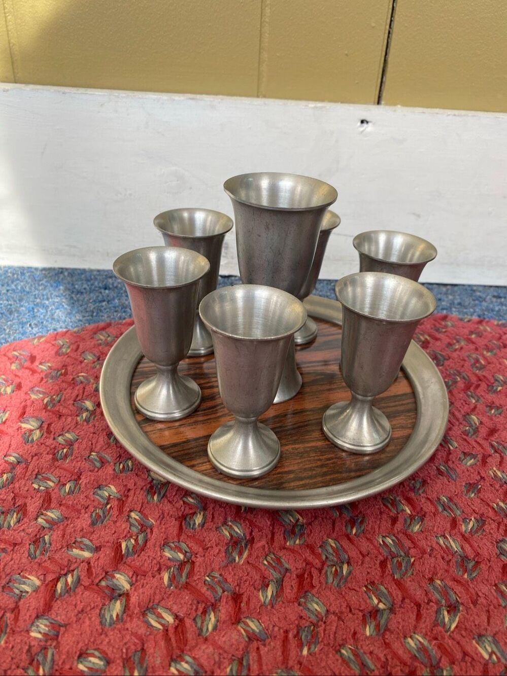 Vintage Pewter shot glass set with round tray